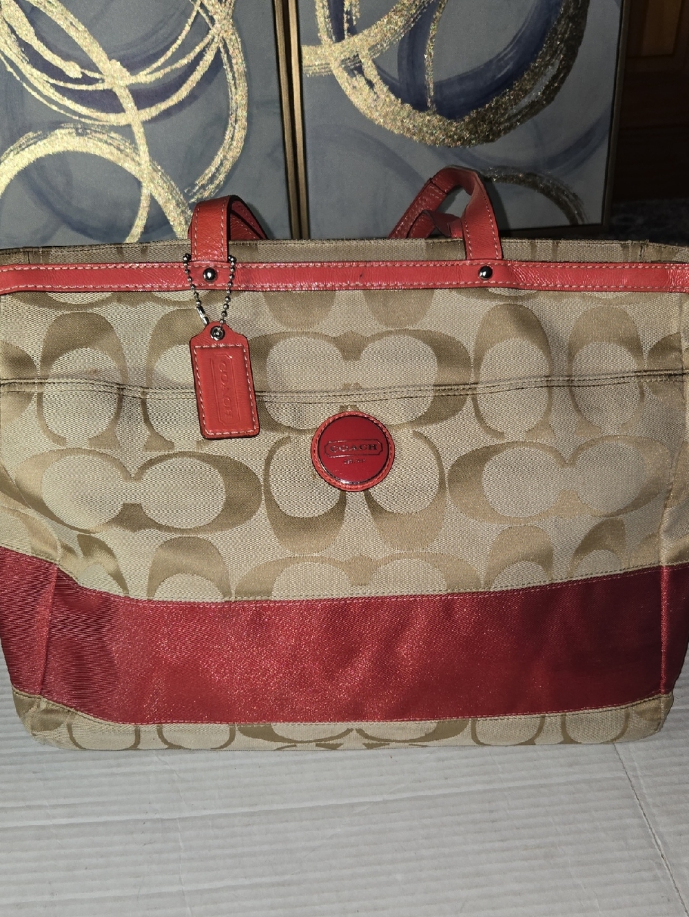 Coach Signature Canvas Tote with Coral Leather Trim